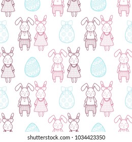 Decorative vector pattern for a holiday Easter. Rabbits girl and boy, eggs, garland, cake, twigs, bow and other elements for design. Hand draw illustration.