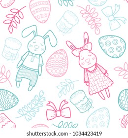 Decorative vector pattern for a holiday Easter. Rabbits girl and boy, eggs, garland, cake, twigs, bow and other elements for design. Hand draw illustration.