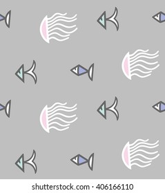 Decorative vector pattern with jellyfishes with grey backround. Good for wallpaper, fabric, pattern fills, web page background, surface textures.