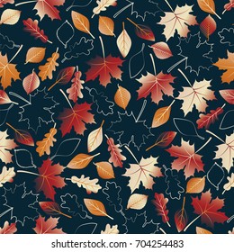 Decorative vector pattern with maple and birch leaves and their outlines.