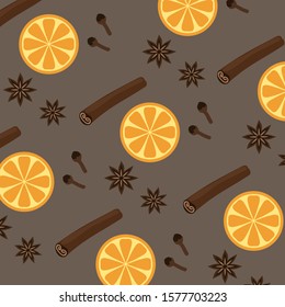 Decorative vector pattern with spices and ingredients for mulled wine. Cinnamon stick, anise star, orange, cloves. Seasonal food background. Xmas drink. Vector illustration.