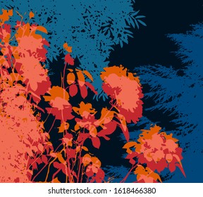 Decorative vector pattern in unreal and contrasted colors with silhouettes of flowers and foliage.
