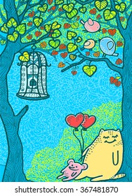 Decorative vector picture. Funny cat and mouse. Valentine's Day.