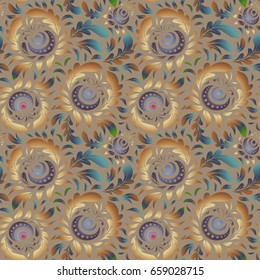 Decorative vector pink, blue and purple elements. Vintage seamless pattern for decoration, printing, fabric or textile.