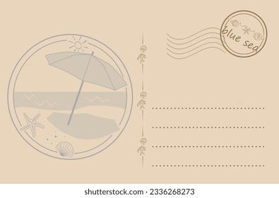 decorative vector postcard with illustration of sea coast and parasol - template