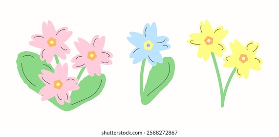 Decorative vector primrose in pink, yellow, and blue pastel shades isolated on a light background. Decorative spring floral clipart