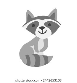 Decorative vector raccoon standing isolated on white background, wild mammal, flat cartoon illustration cute animal for design greeting card, children pattern, forest poster, maps for kids