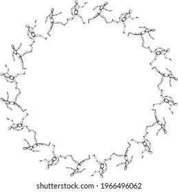 Decorative vector round frame from sketches human running mannequins 