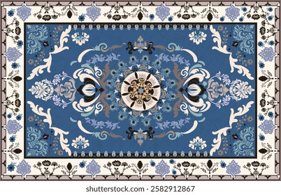 A decorative vector rug design featuring a  Blue background with intricate floral and geometric motifs. The symmetrical pattern includes a central medallion, ornate borders, and elegant leaves, ins