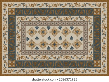 A decorative vector rug design featuring a  brown background with intricate floral and geometric motifs. The symmetrical pattern includes a central medallion, ornate borders, and elegant leaves, ins