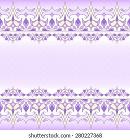 Decorative vector seamless border. 
Element for design. Ornamental backdrop. Pattern fill. Ornate floral decor for wallpaper. Traditional decor on violet background. 