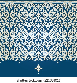 Decorative vector seamless border in Victorian style. Element for design. Ornamental backdrop. Lace pattern fill. Ornate floral decor for wallpaper. Traditional decor on blue background.