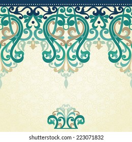 Decorative vector seamless border in Victorian style. Colorful element for design and place for text. Ornamental lace pattern for wedding invitations and greeting cards. Traditional ornate decor. 