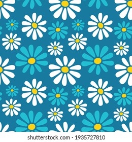 Vector decorativo sin fisuras de estampado floral con flores de margarita blancas y azules dibujadas a mano sobre fondo verde azul. Diseño plano de estilo retro para tela textil, papel de pared, papel de envoltura, paquete, cubiertas.