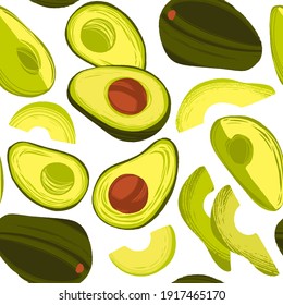 Decorative vector seamless pattern with avocado. Background with hand drawn whole and sliced fruits in trendy flat style on white background.