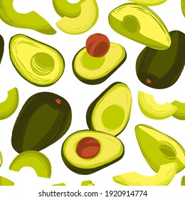 Decorative vector seamless pattern with avocado. Background with hand drawn whole and sliced fruits in trendy flat style on white background.