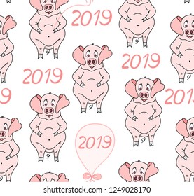 Decorative vector seamless pattern with beautiful funny pigs -- the symbol of 2019 year