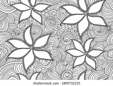 Decorative vector seamless pattern with beautiful ornamental flowers and figured linear pattern