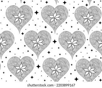 Decorative vector seamless pattern with beautiful Valentine hearts with stars around them