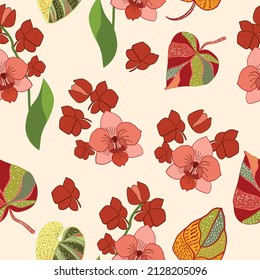 Decorative vector seamless pattern with bright leaves of monstera and flowers. Tropical background, jungle wallpaper.