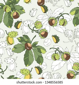 Decorative vector seamless pattern with chestnut fruits and leaves