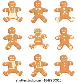 Decorative vector seamless pattern with Christmas and New Year decoration. Background with hand drawn gingerbread man cookies on white background.