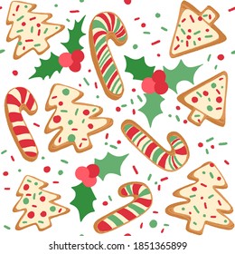 Decorative vector seamless pattern with Christmas and New Year decoration. Background with hand drawn holly and gingerbread cookies canes and xmas tree on white background.