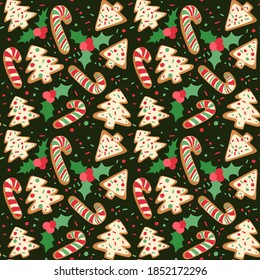 Decorative vector seamless pattern with Christmas and New Year decoration. Background with hand drawn holly and gingerbread cookies canes and xmas tree on dark green background.