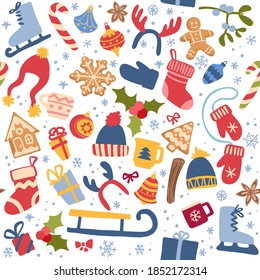 Decorative vector seamless pattern with Christmas and New Year decoration. Background with hand drawn holly and mistletoe, mittens, socks, snowflakes, bells, hats and gingerbread cookies.