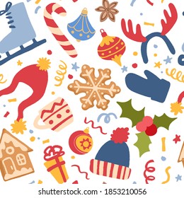 Decorative vector seamless pattern with Christmas and New Yea' decorations. Background with hand drawn holly and mistletoe, mittens, socks, snowflakes, bells, hats and gingerbread cookies.