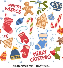 Decorative vector seamless pattern with Christmas and New Year decoration. Background with hand drawn holly and mistletoe, mittens, socks, snowflakes, bells, hats and gingerbread cookies.