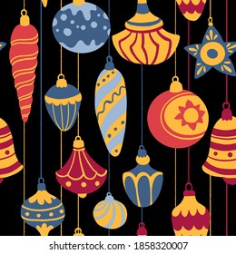 Decorative vector seamless pattern with Christmas and New Year decoration. Colorful hand drawn background with traditional winter glass balls, icicles, bells, pine cones.
