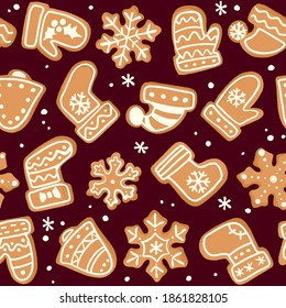 Decorative vector seamless pattern with Christmas and New Year decoration. Background with hand drawn gingerbread cookies mittens, socks, snowflakes, bells and hats on dark red background.