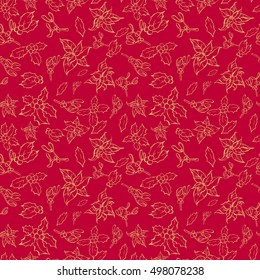 Decorative vector seamless pattern with Christmas and New Year decoration. Background with mistletoe, holly and Christmas star plant on red background.