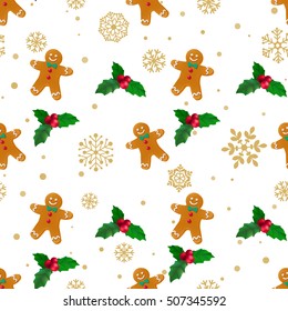 Decorative vector seamless pattern with Christmas and New Year decoration. Background with holly and gingerbread man on white background.