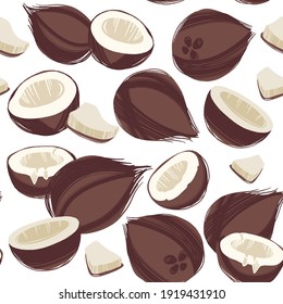 Decorative vector seamless pattern with coconuts. Background with hand drawn whole and sliced nuts in trendy flat style on white background.