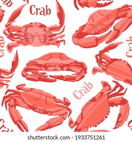 Decorative vector seamless pattern with crabs. Background with hand drawn marine arthropod  crustaceans in trendy flat style on white background.