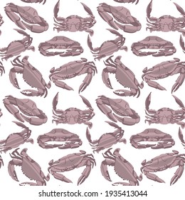 Decorative vector seamless pattern with crabs. Background with hand drawn marine arthropod  crustaceans in trendy flat style on white background.