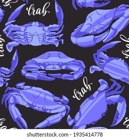 Decorative vector seamless pattern with different crabs. Background with hand drawn marine arthropod  crustaceans in trendy flat style on dark background.