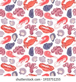 Decorative vector seamless pattern with drawn sea creatures. Background with hand drawn shrimps, crabs, scallops, oysters and baby octopuses in trendy flat style on white background.