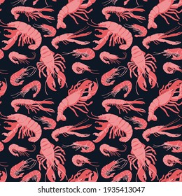 Decorative vector seamless pattern with drawn marine arthropod  crustaceans. Background with hand drawn lobsters and shrimps in trendy flat style on dark background.