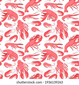 Decorative vector seamless pattern with drawn marine arthropod  crustaceans. Background with hand drawn lobsters and shrimps in trendy flat style on white background.