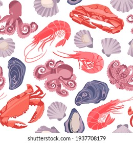 Decorative vector seamless pattern with drawn sea creatures. Background with hand drawn shrimps, crabs, scallops, oysters and baby octopuses in trendy flat style on white background.