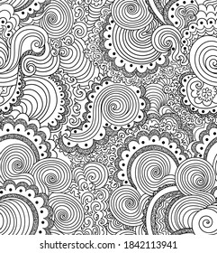 Decorative vector seamless pattern with hand drawn ornaments, wavy lines