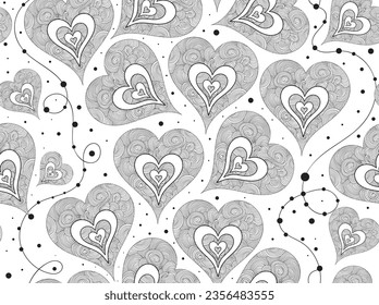 Decorative vector seamless pattern with hand drawn figured hearts. Valentine endless texture