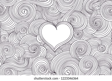 Decorative vector seamless pattern with handwritten curling lines and heart