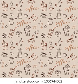 Decorative vector seamless pattern with illustration of cups, coffee beans and handwritten brush lettering. Background with beverages dishes line art  and calligraphy on light beige background.