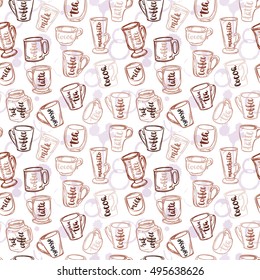 Decorative vector seamless pattern with illustration cups, mugs and glasses and handwritten brush lettering. Background with beverages dishes line art  and calligraphy on white background.