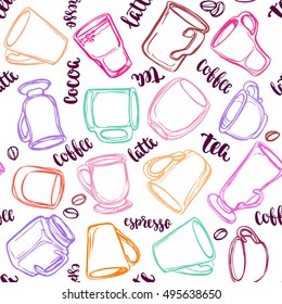 Decorative vector seamless pattern with illustration cups, mugs and glasses and handwritten brush lettering. Background with beverages dishes line art  and calligraphy on white background.