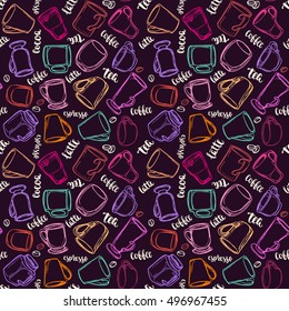 Decorative vector seamless pattern with illustration cups, mugs and glasses and handwritten brush lettering. Background with beverages dishes line art  and calligraphy on chalkboard dark background.